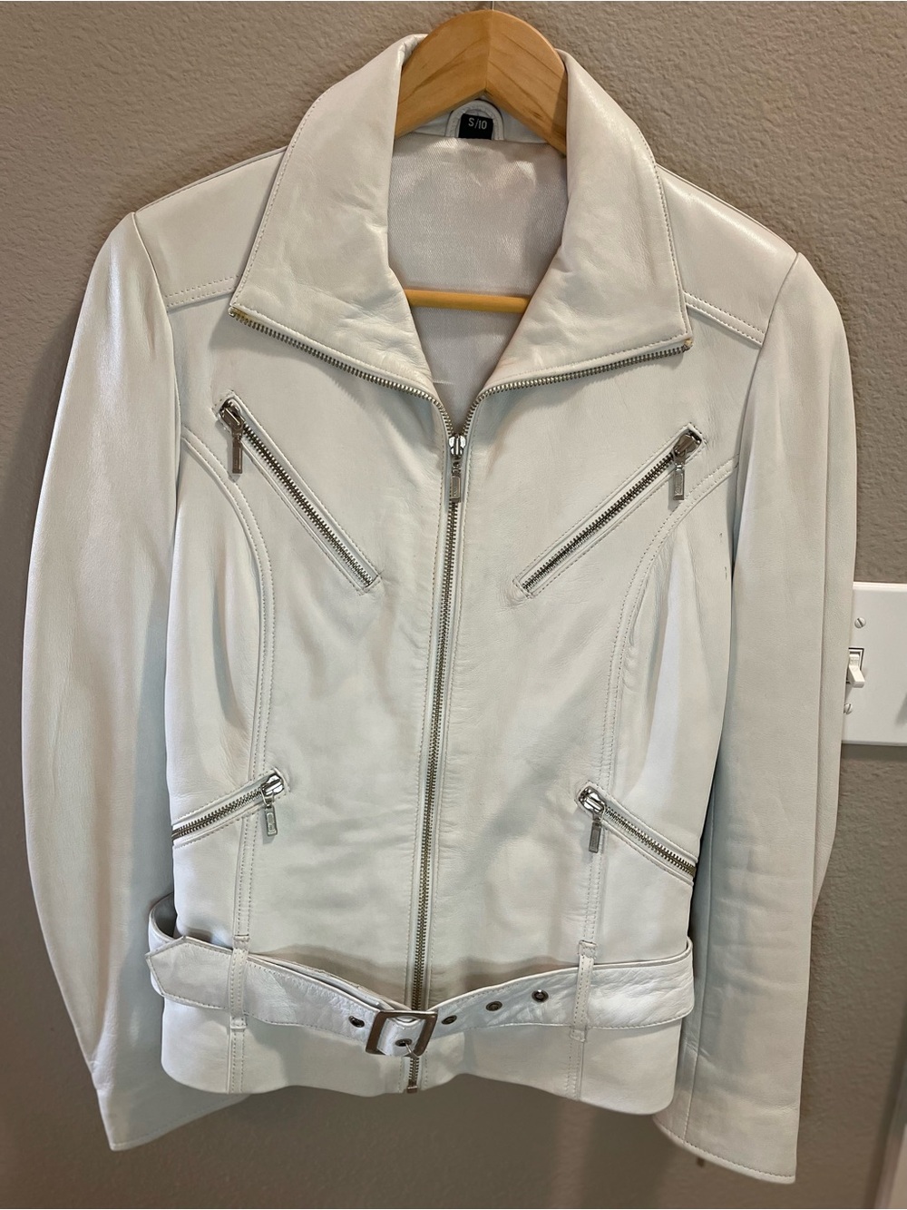 White Leather Belted Moto Jacket